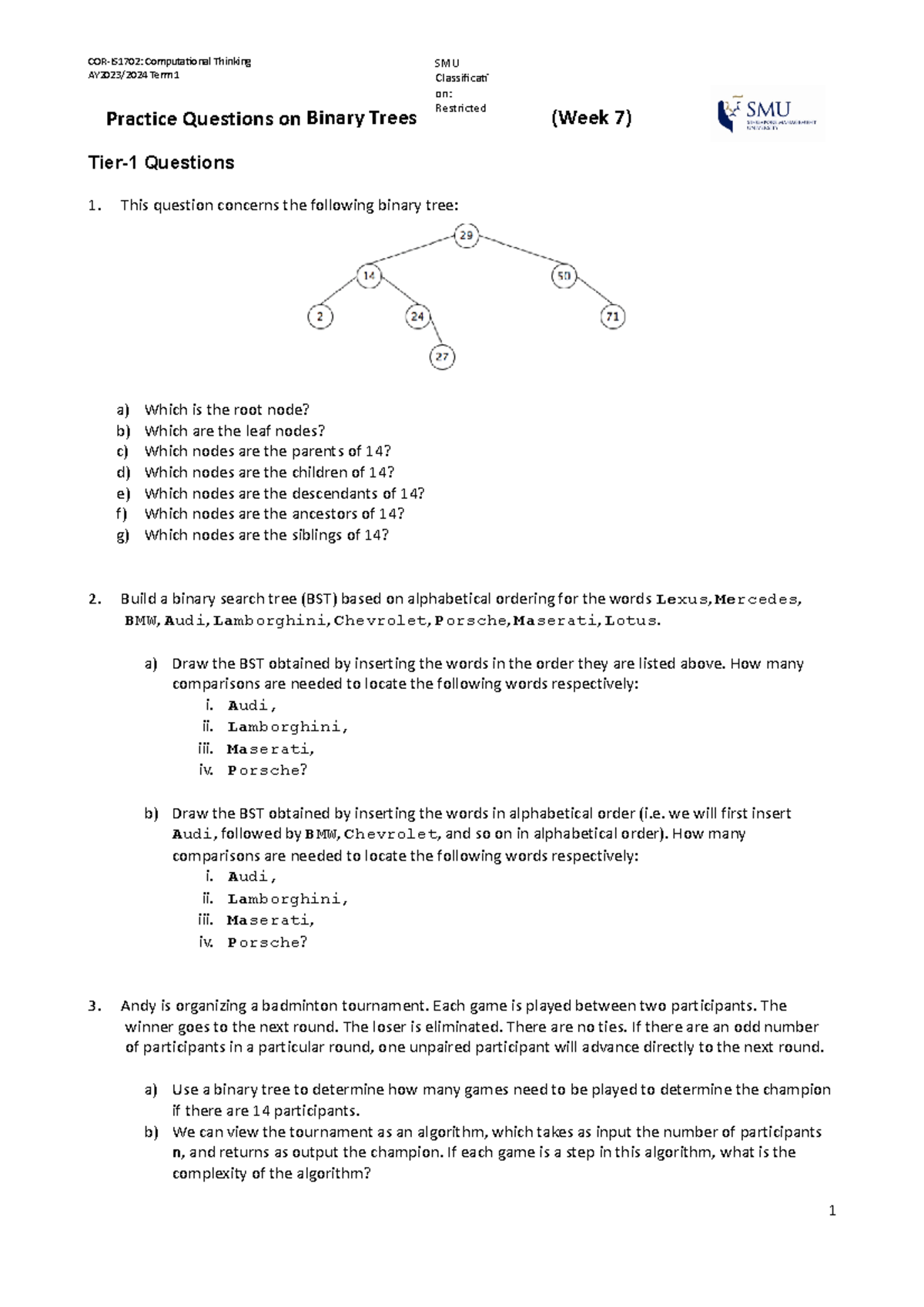 Tutorial Trees - practice questions - AY2023/2024 Term 1 Practice ...