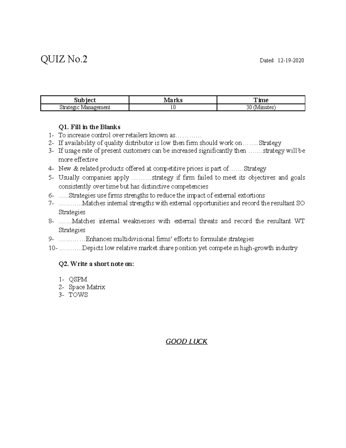 essay type questions on strategic management