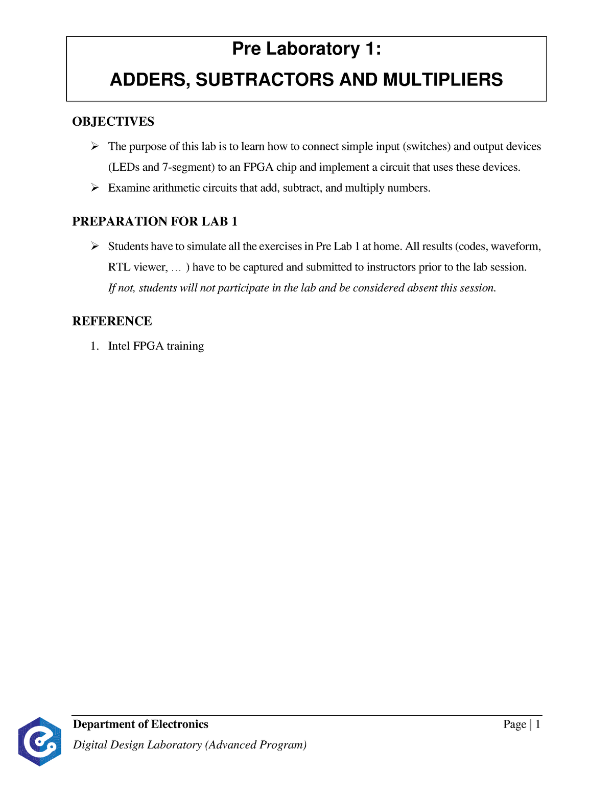 Pre-Lab1 Digital Design - ADDERS, SUBTRACTORS AND MULTIPLIERS ...