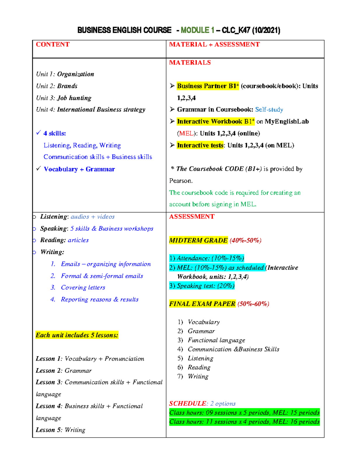 Course Outline BP B1+ M1 CLC K47 - BUSINESS ENGLISH Course - MODULE 1 ...