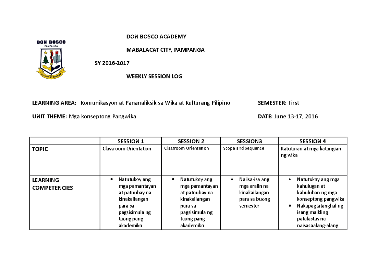 Lesson LOG1 - DON BOSCO ACADEMY MABALACAT CITY, PAMPANGA SY 2016 ...