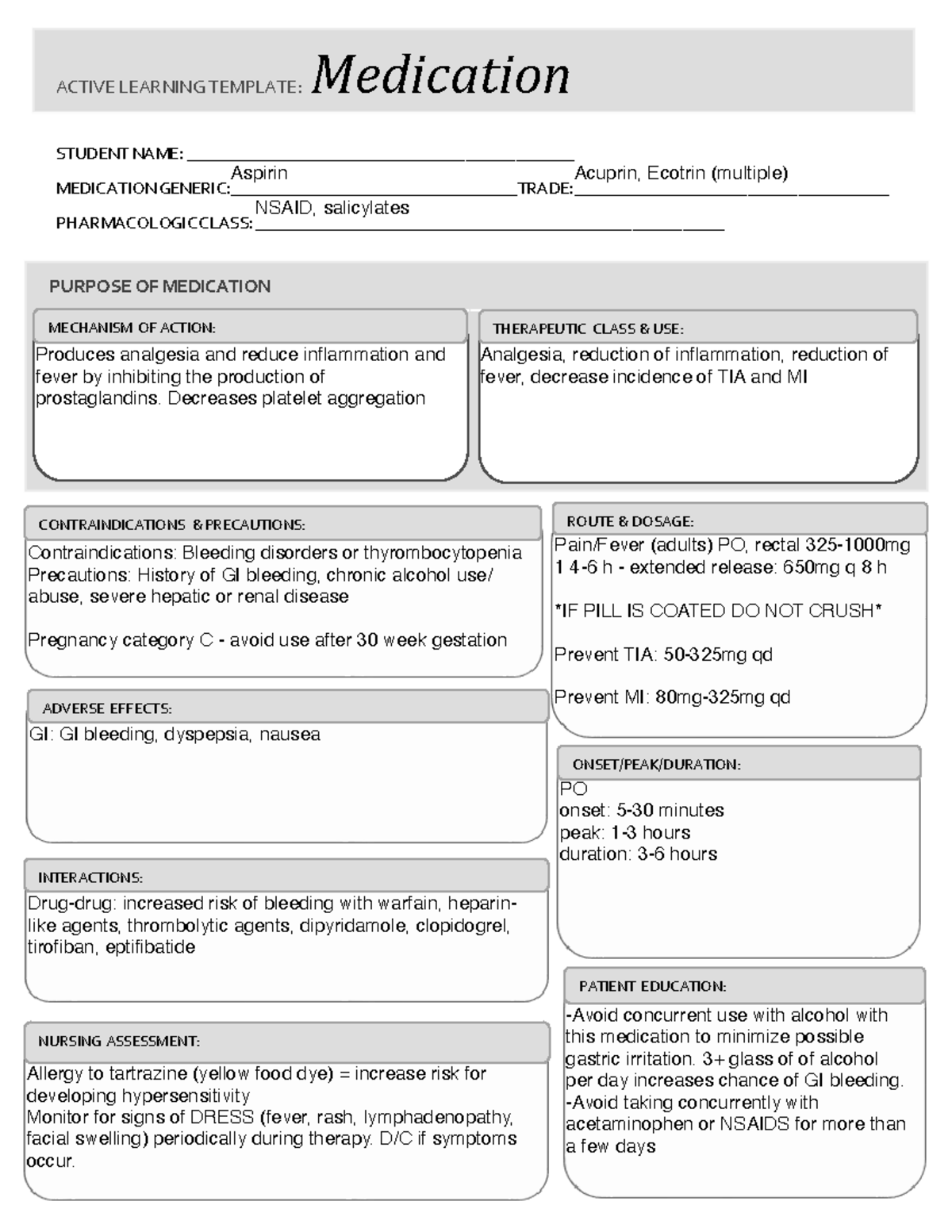 Aspirin Medication Card STUDENT NAME