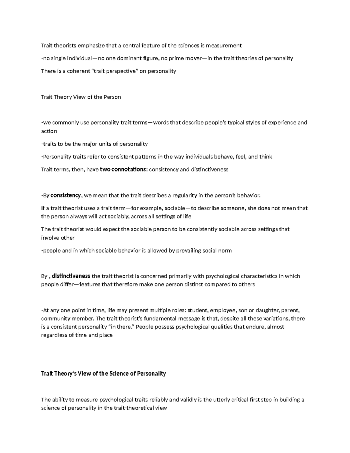 Personality Midterm 2 Notes - Trait theorists emphasize that a central ...