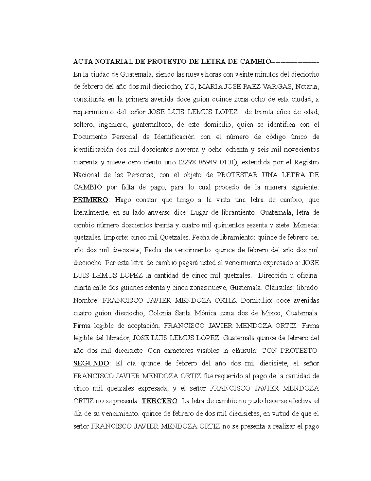 ACTA DE Protesto DE Letra DE Cambio - ACTA NOTARIAL DE PROTESTO DE LETRA DE  CAMBIO- En la ciudad de - Studocu