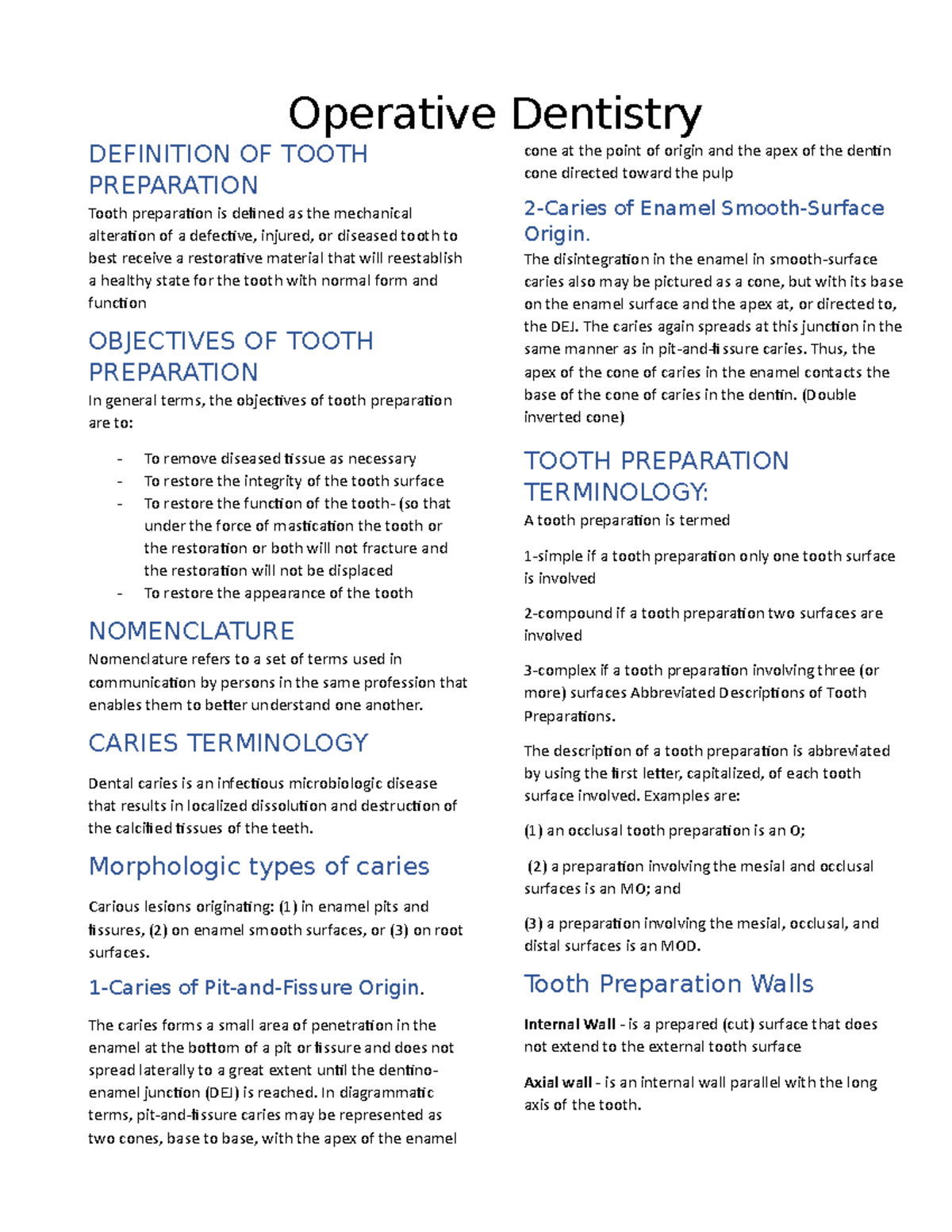 Operative Dentistry CCTO Operative Dentistry DEFINITION OF TOOTH PREPARATION Tooth