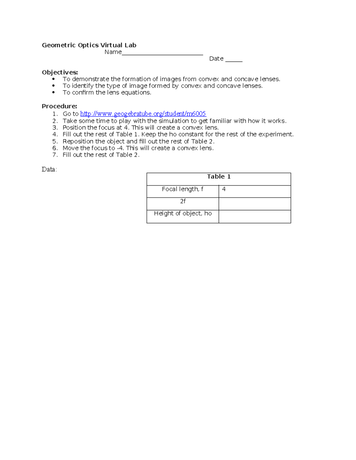 geometric optics Geometric Optics Virtual Lab Name