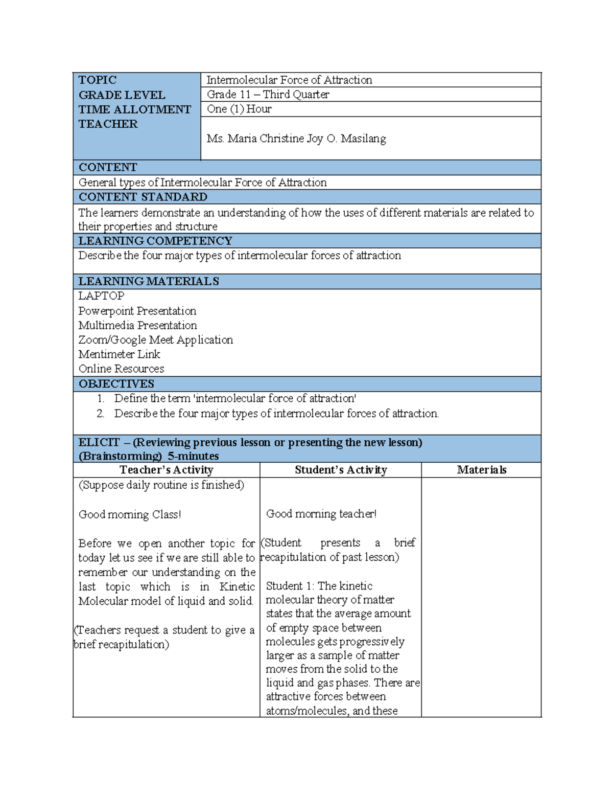 7s-DLP-IMFA - TOPIC Intermolecular Force of Attraction GRADE LEVEL TIME ...