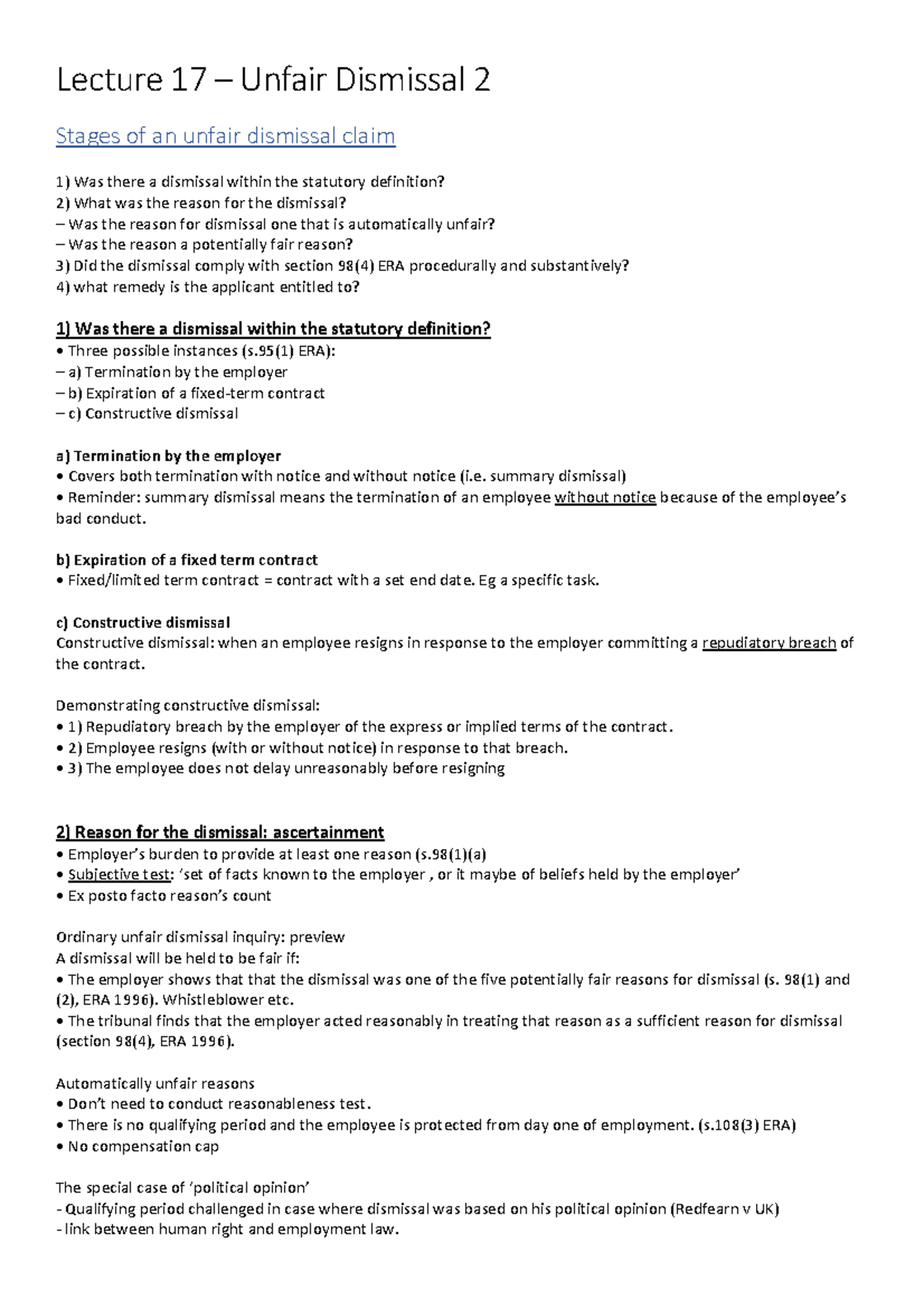 Unfair Dismissal 2 lecture 17 notes - Lecture 17 – Unfair Dismissal 2 ...