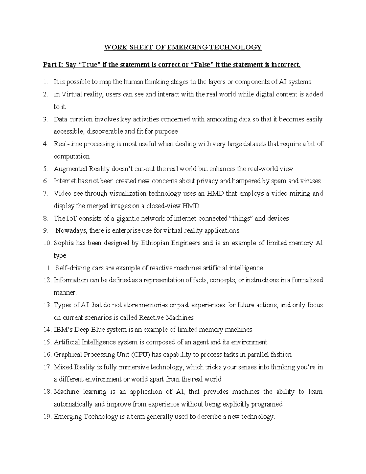 Work sheet of ET - English reading - WORK SHEET OF EMERGING TECHNOLOGY ...