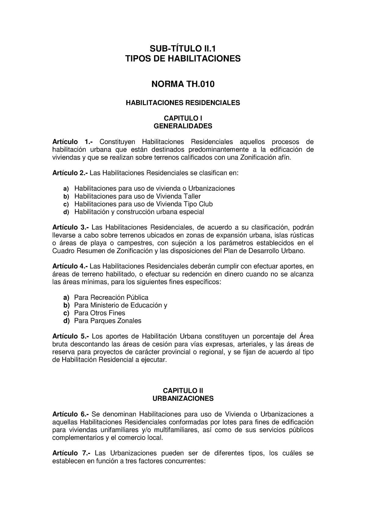 Norma TH.010 Habilitaciones Residenciales - SUB-TÍTULO II. TIPOS DE ...