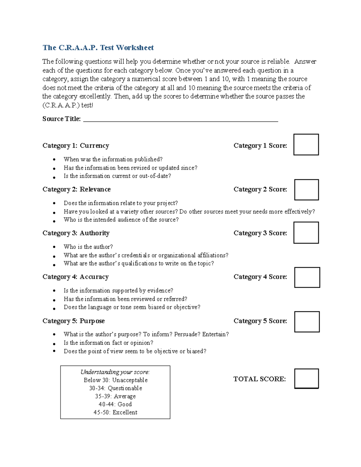 Craap WS - The C.R.A.A. Test Worksheet The following questions will ...