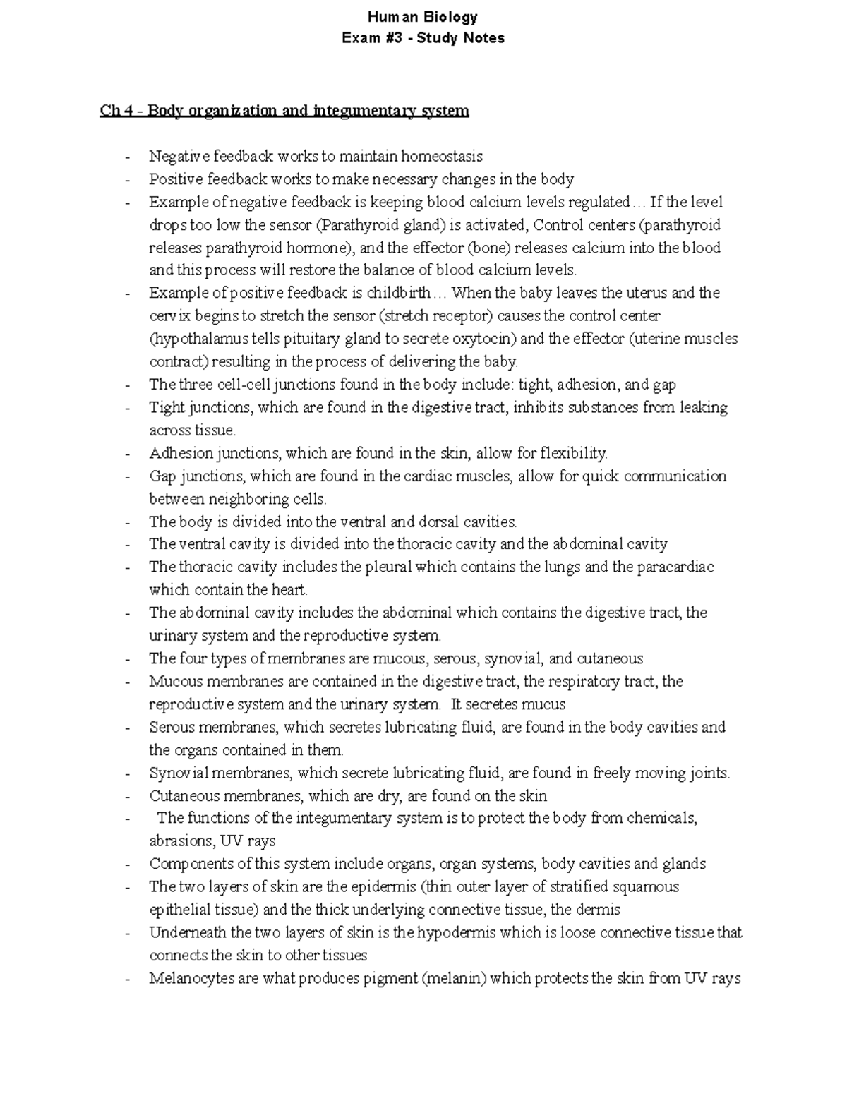 Biology Notes Exam #3 - Exam #3 - Study Notes Ch 4 - Body organization ...