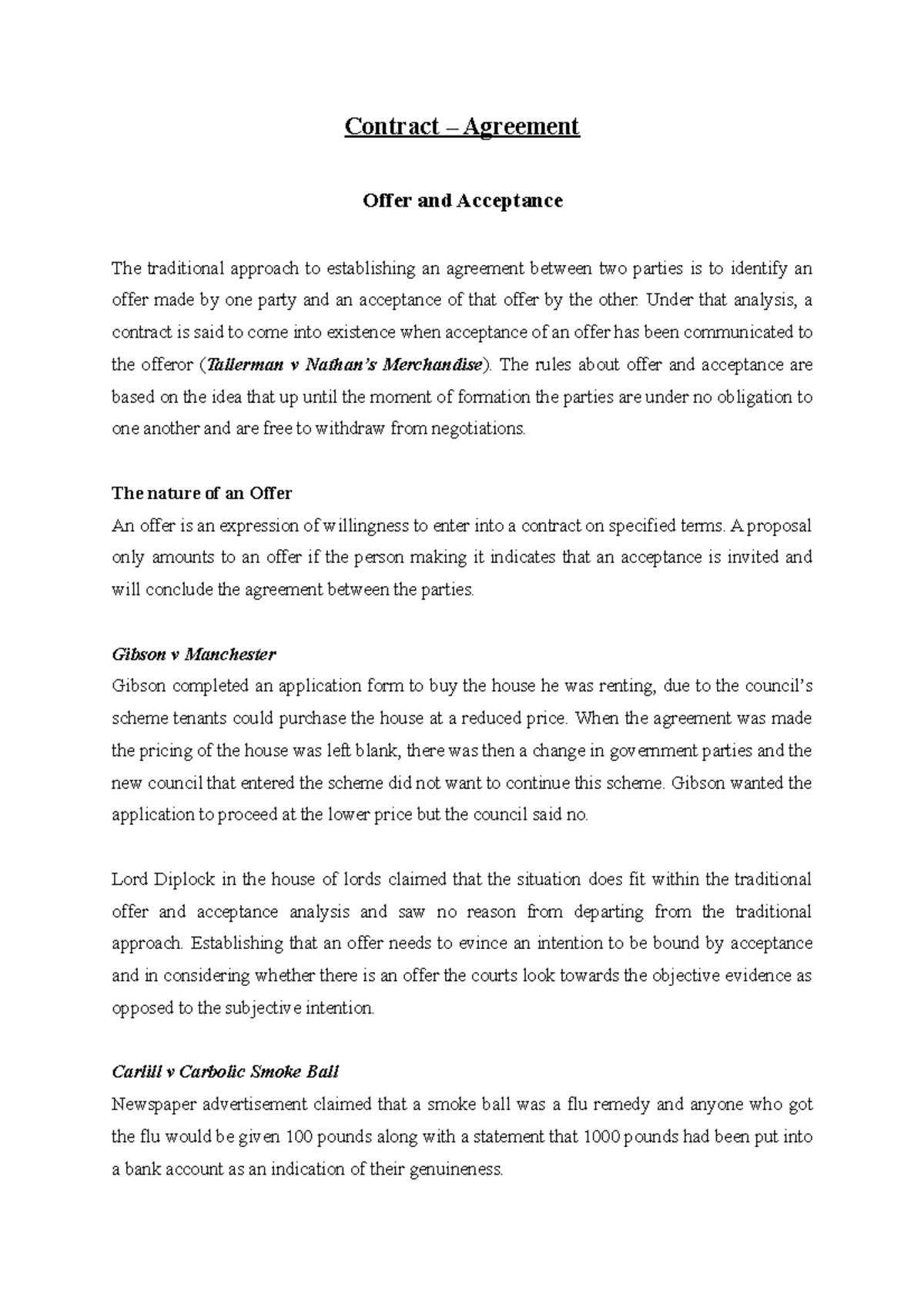 Private Law Notes - Contract – Agreement Offer and Acceptance The ...