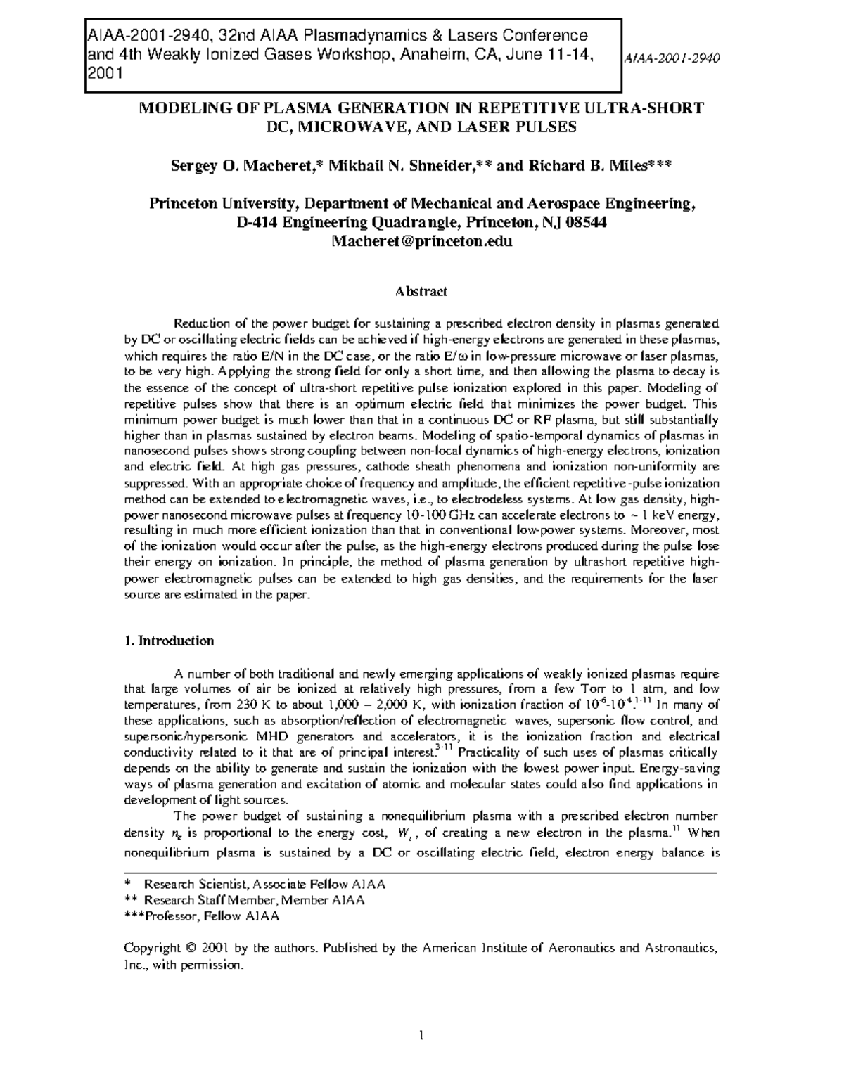 Modeling of plasma generation in repetit - MODELING OF PLASMA ...