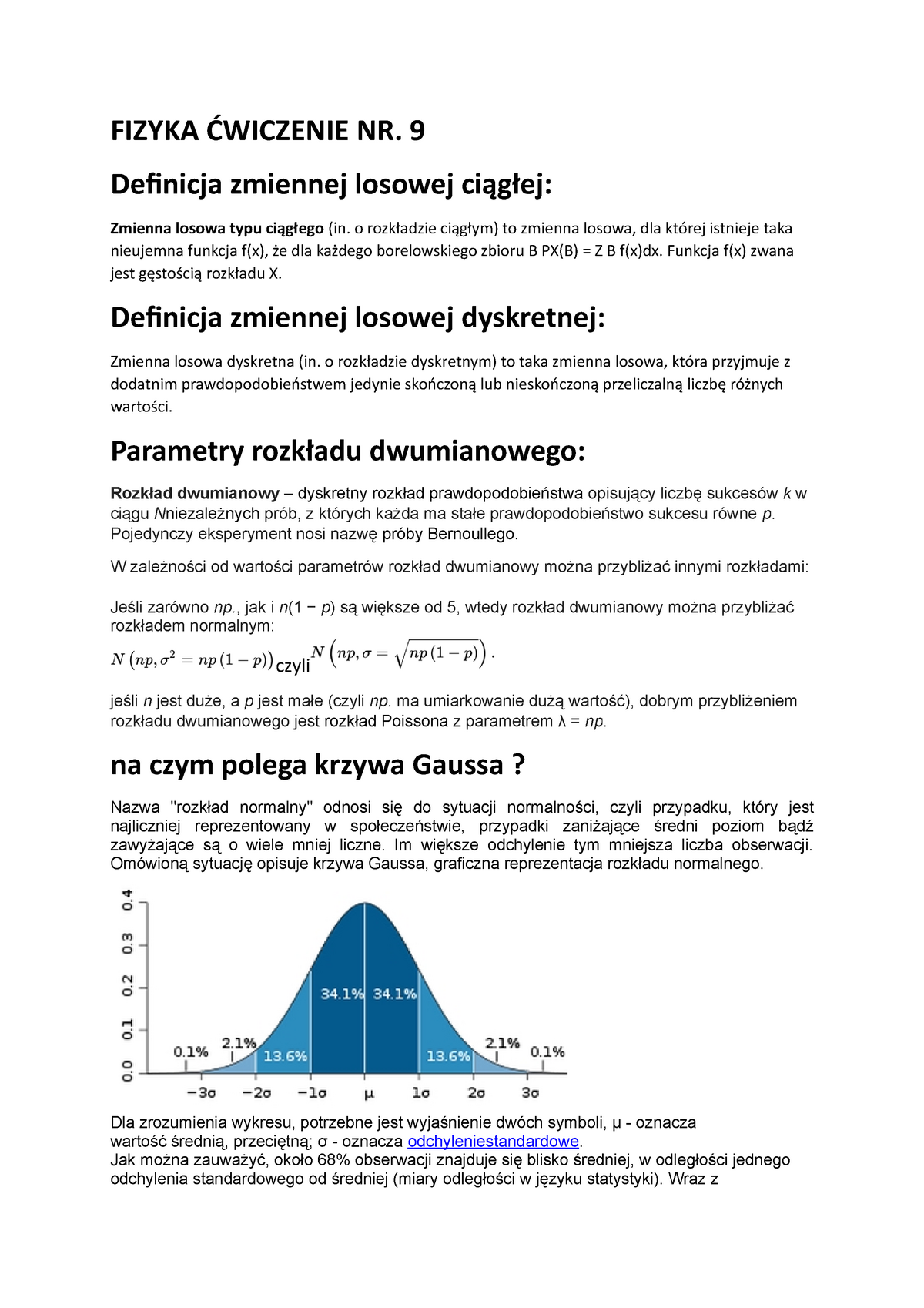 Fizyka 9 Fizyka Ćwiczenie Nr 9 Definicja Zmiennej Losowej Ciągłej Zmienna Losowa Typu 2569