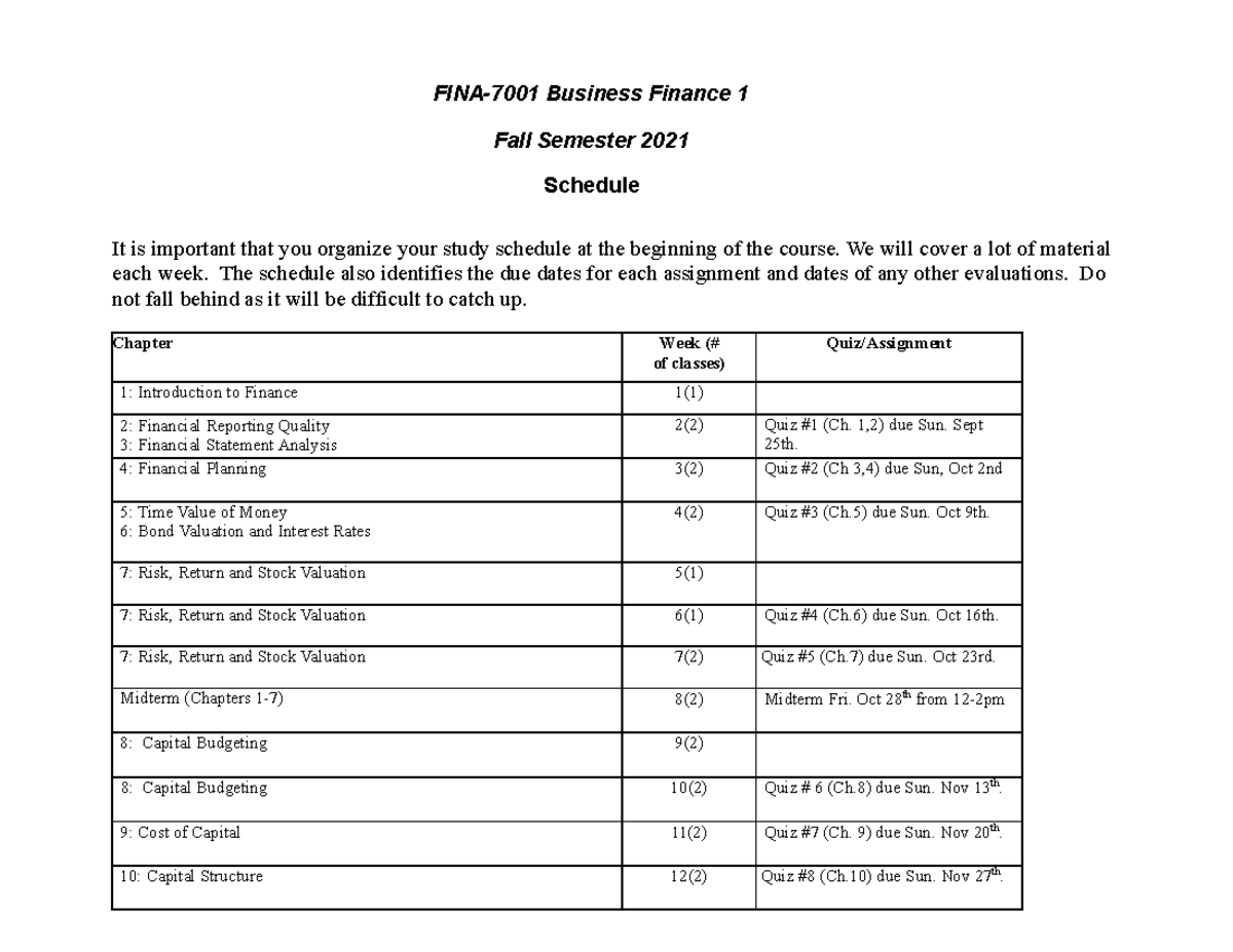 FINA7001 content overview F22 FINA7001 Business Finance 1 Fall