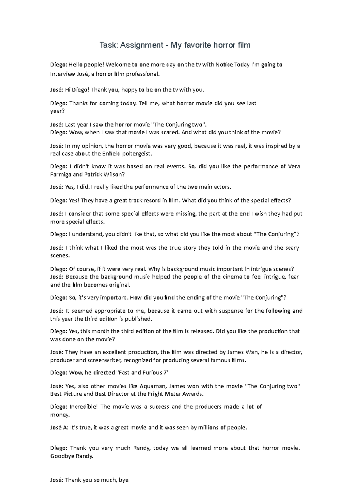 Task 8 - INGLES - Task: Assignment - My favorite horror film Diego ...