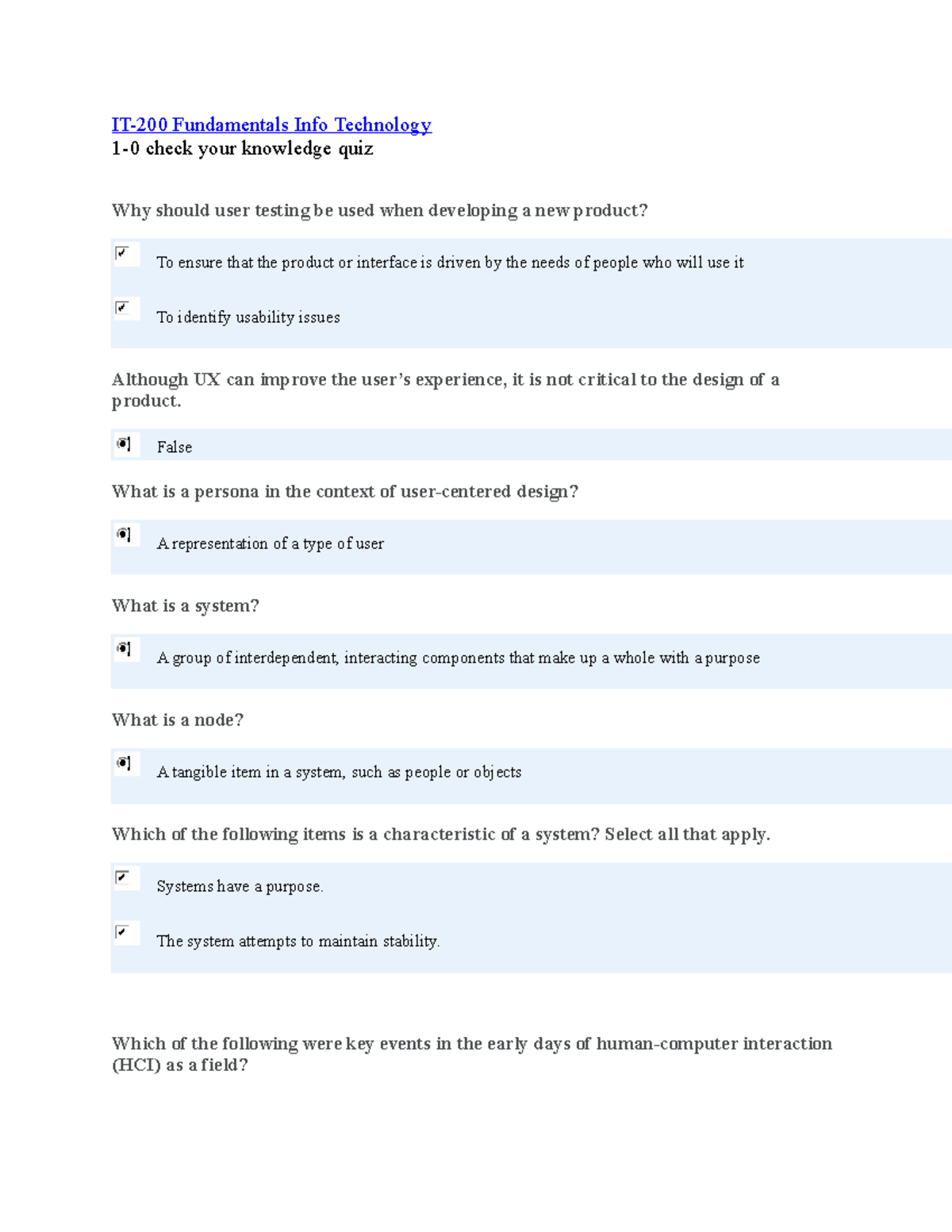 IT-200 Fundamentals Info Technology 1-0 check your knowledge quiz ...