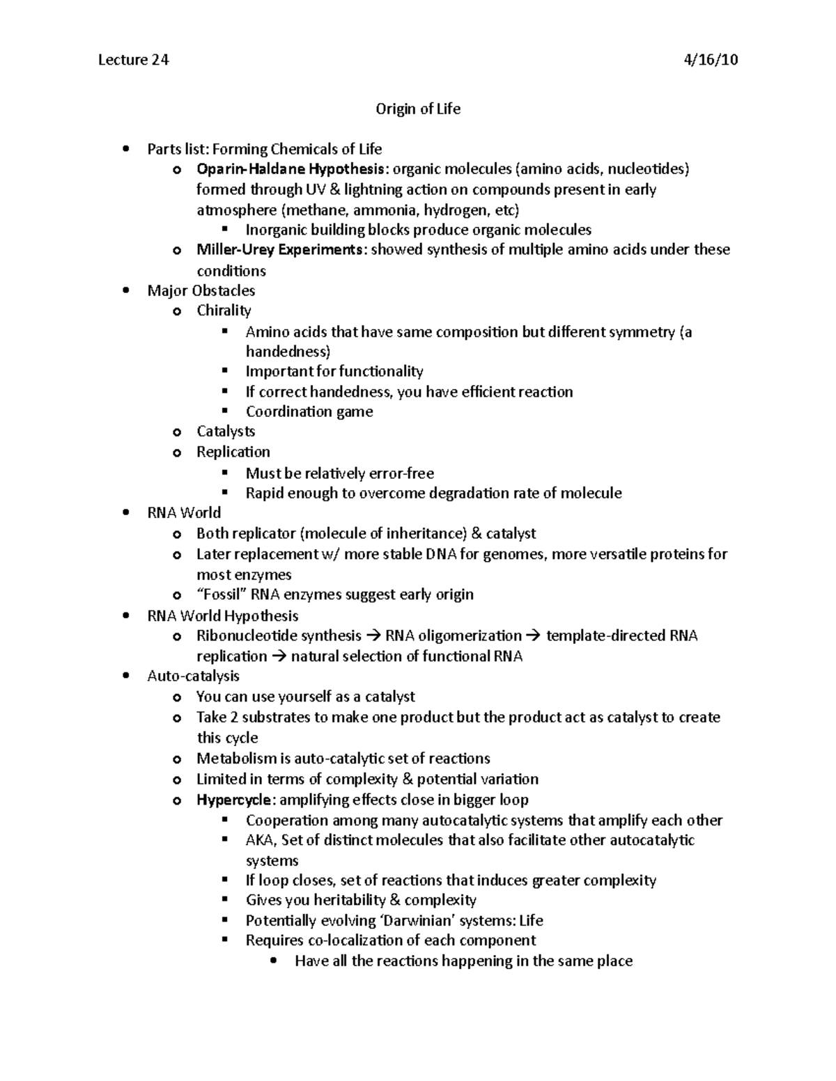 Origin of Life - Lecture Notes (Spring 2019) - Lecture 24 4/16/ Origin ...