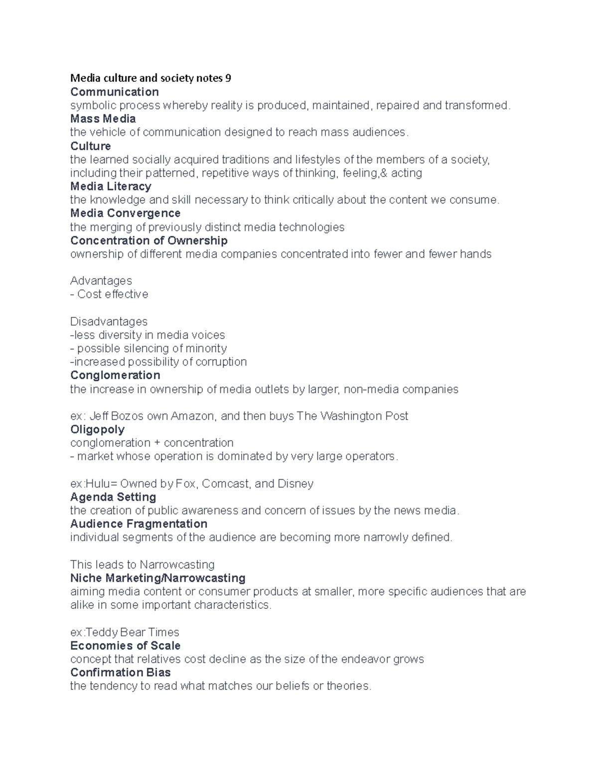 Media culture and society notes 9 - Mass Media the vehicle of ...