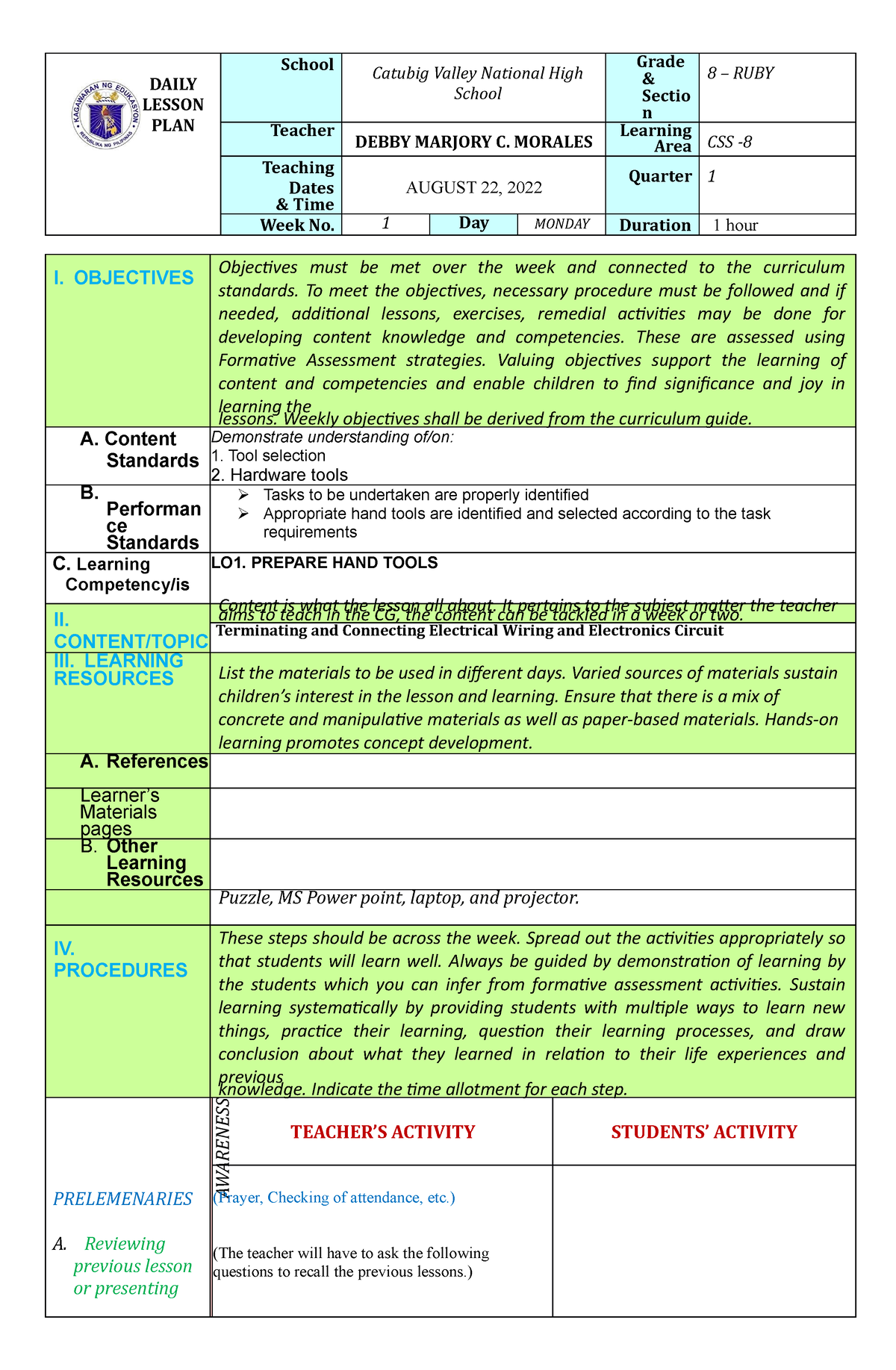 LP CSS - lesson plan - DAILY LESSON PLAN School Catubig Valley National ...