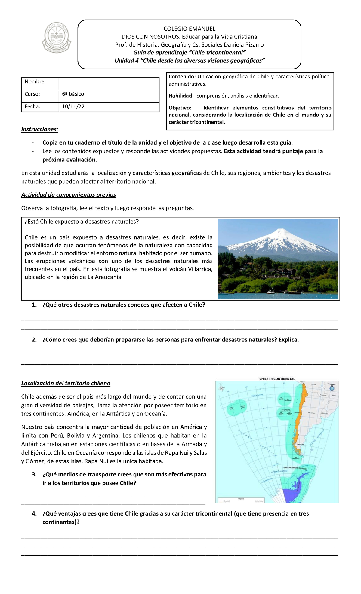 Guía U4 Chile Tricontinental 6º Básico Colegio Emanuel Dios Con Nosotros Educar Para La Vida 6105