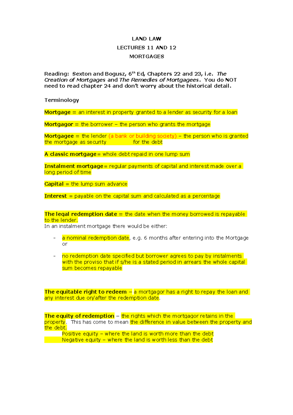 L11&12 Mortgages lecture notes LAND LAW LECTURES 11 AND 12