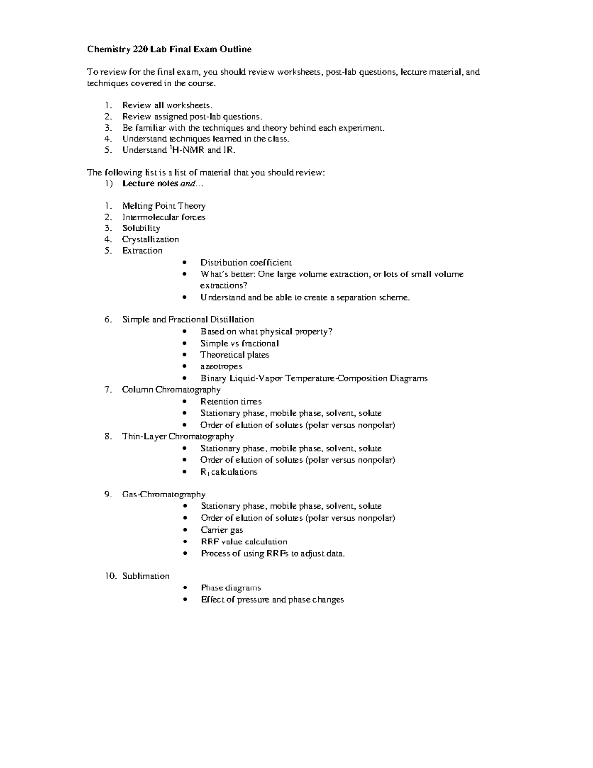 221 Final Exam Outline - Summary Organic Chemistry Lab - Chemistry 220 