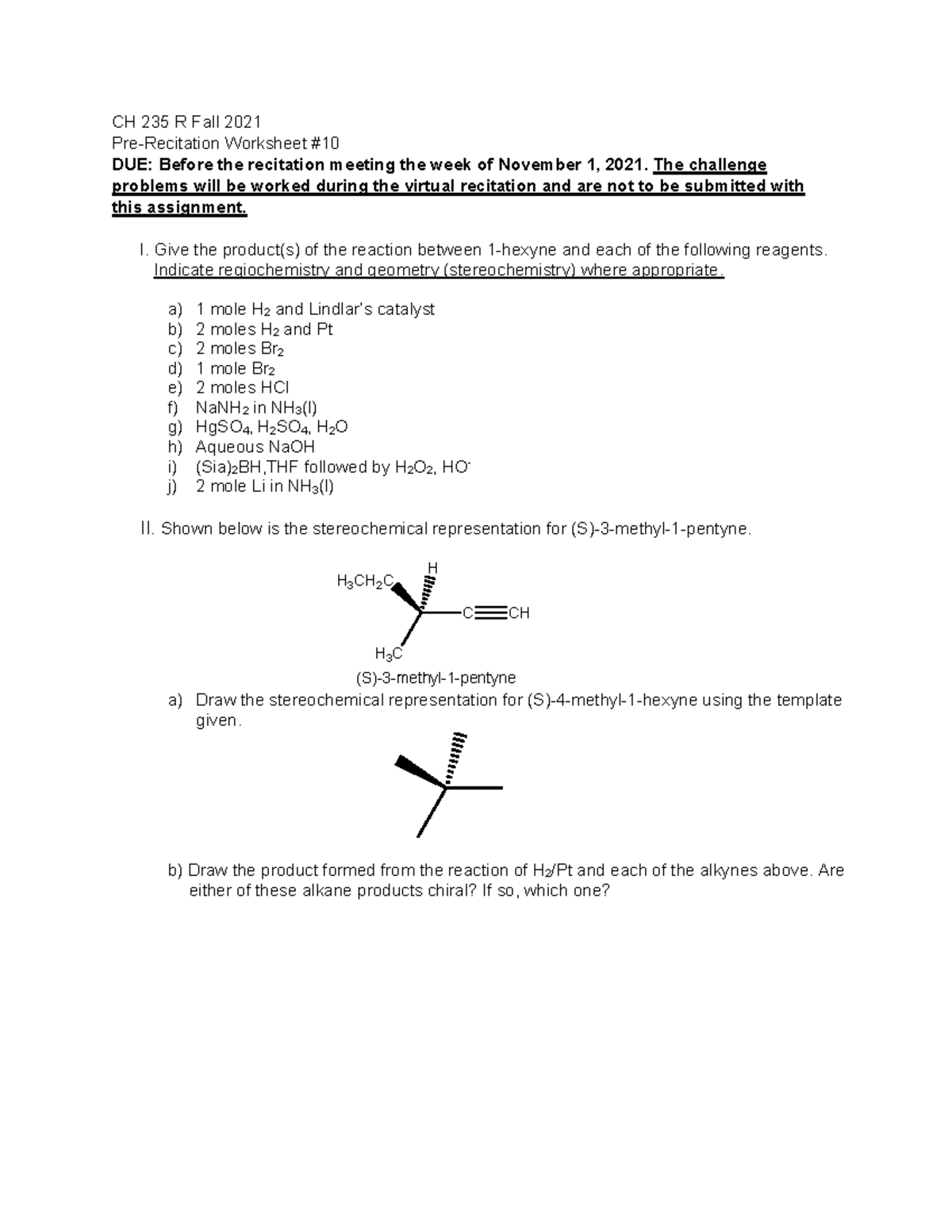 Recitation worksheet week 11 F 2020 - CH 235 R Fall 2021 Pre-Recitation ...