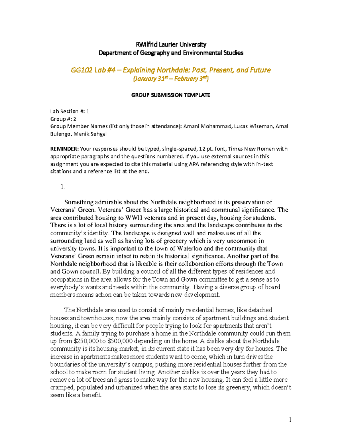 GG102 Lab 4 Explaining Northdale 1 RWilfrid Laurier University Department of Geography and