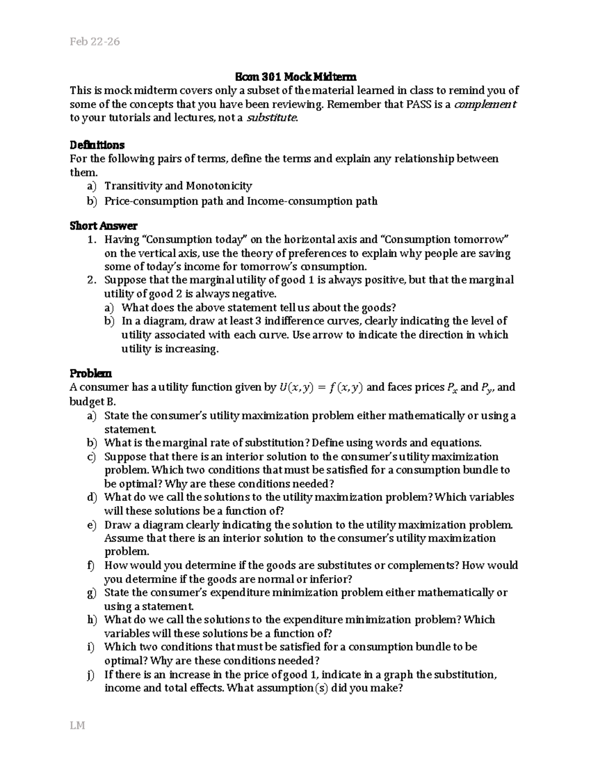 Econ 301 Mock Midterm - Feb 22- 26 LM Econ 301 Mock Midterm This Is ...