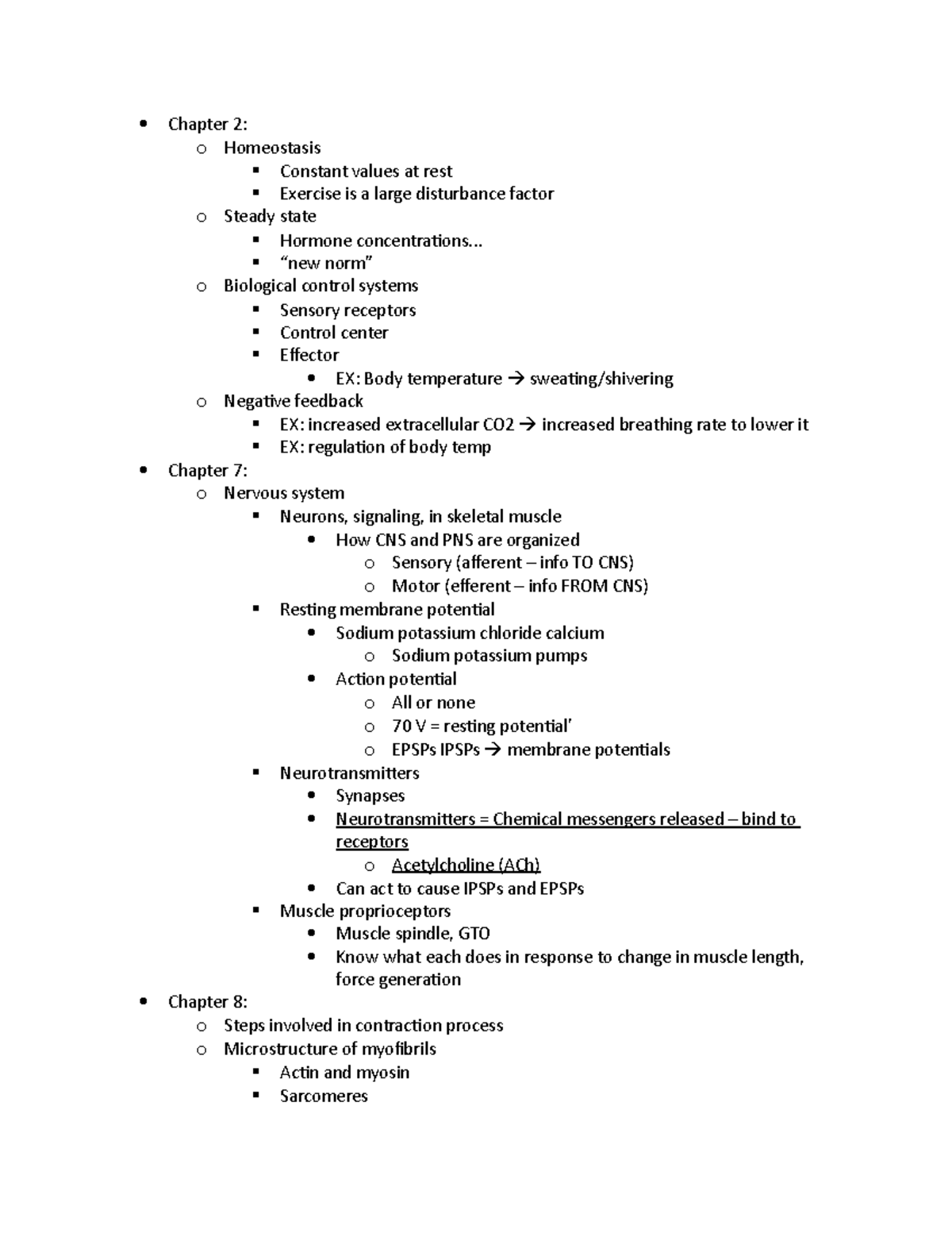 Exam study guide - Chapter 2: o Homeostasis Constant values at rest ...