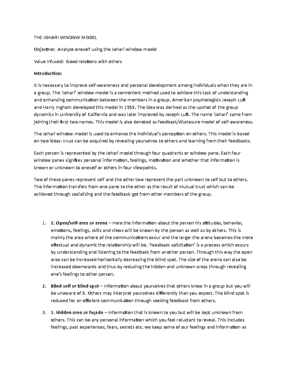 THE Johari Window Model - THE JOHARI WINDOW MODEL Objective: Analyze ...