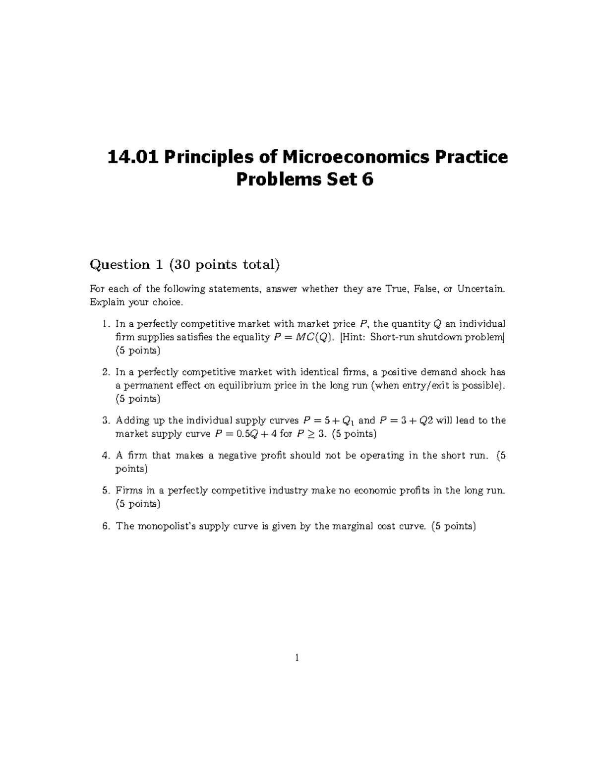 14.01 Principles Of Microeconomics Practice Problems Set 6 - 14 ...