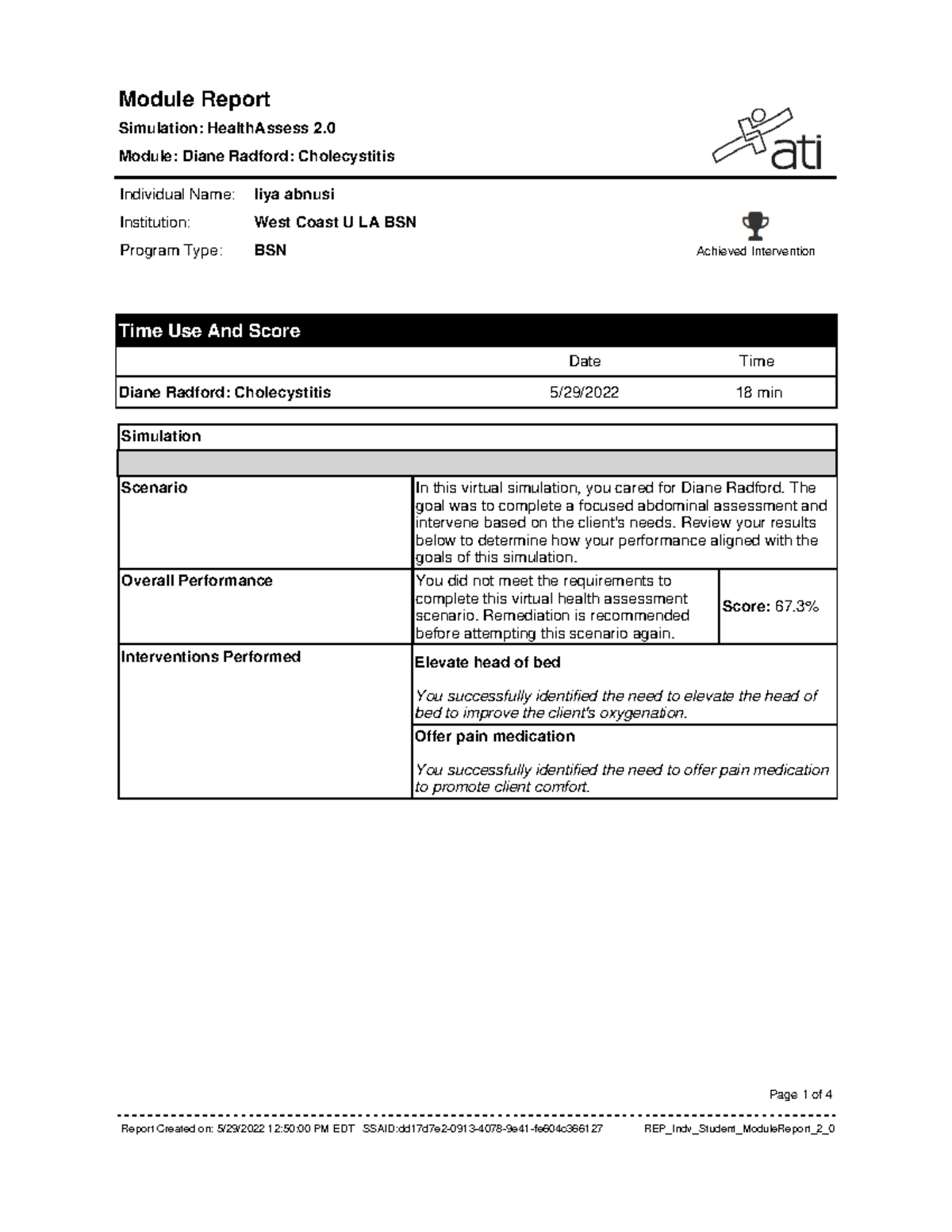 DRC Ati Testing Module Report Achieved Intervention Simulation 