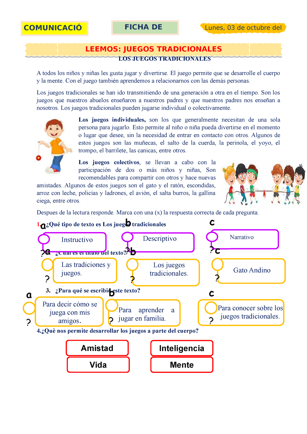 Ficha De Trabajo Comunicación Del DÍa 03 Octubre Los Juegos Tradicionales A Todos Los Niños Y 