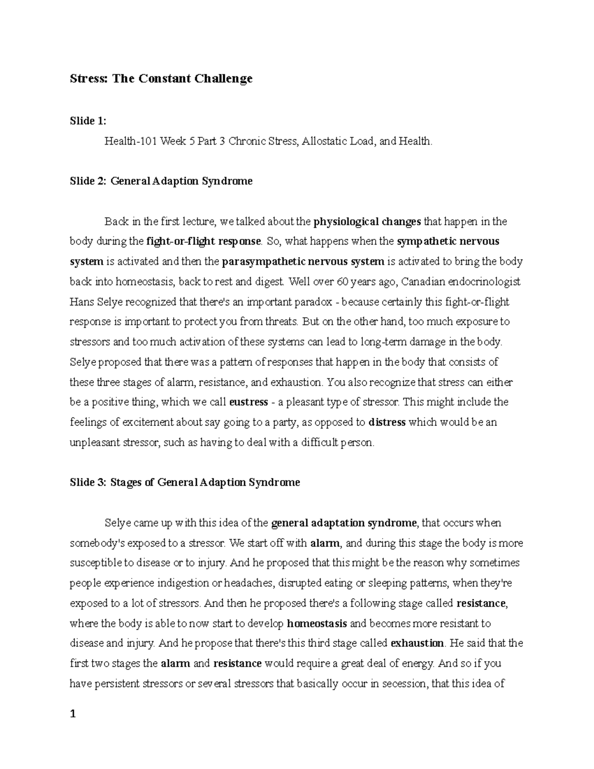 HLTH101 Week5 Part3 Transcript - Stress: The Constant Challenge Slide 1 ...