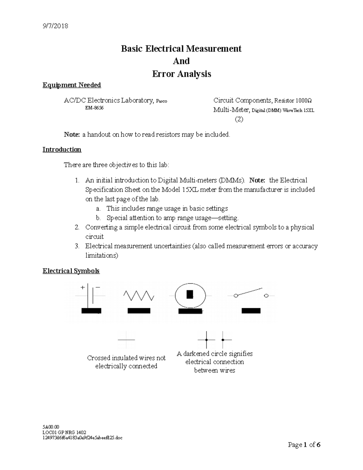 Basic Electrical Measurement and Error Analysis Basic Electrical
