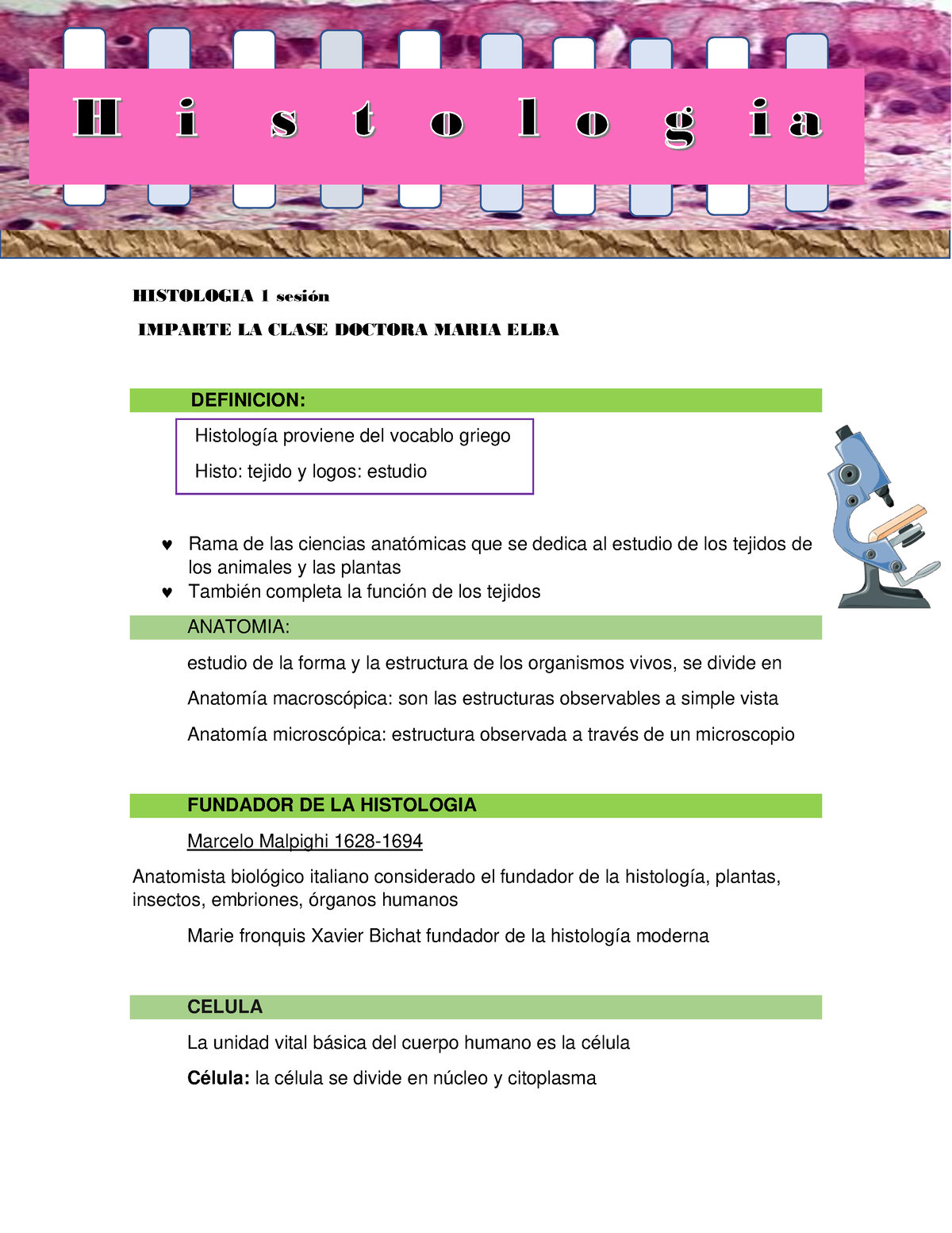 Histologia 1 Er Semestre Examen 1er Parcial - HISTOLOGIA 1 Sesión ...