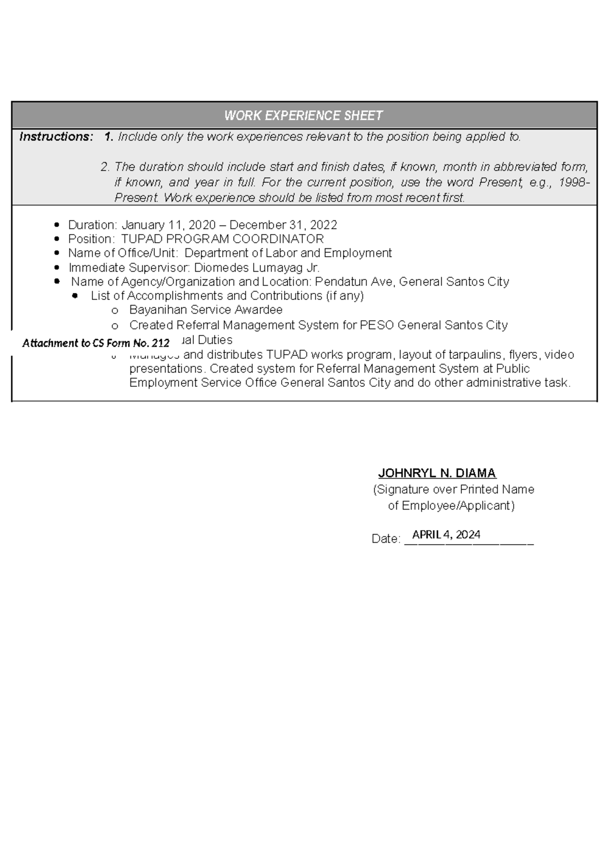 Sample WES - CS Form No. 212 Attachment - Work Experience Sheet April 4 ...