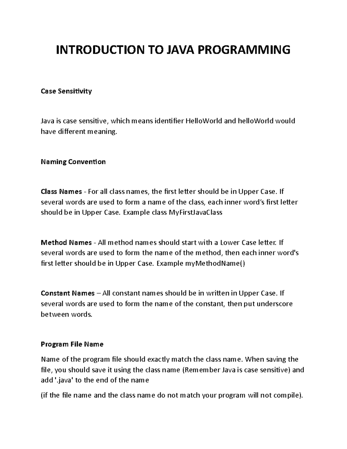 JAVA Programming - INTRODUCTION TO JAVA PROGRAMMING Case Sensitivity ...