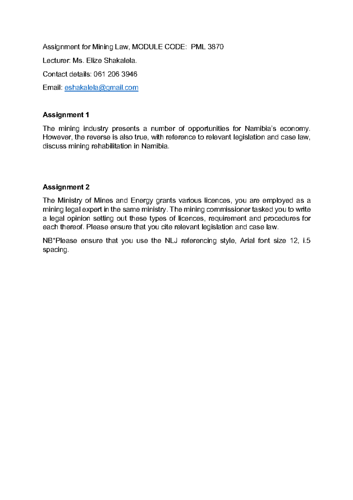 Assignment for Mining Law 2023 - Assignment for Mining Law, MODULE CODE ...