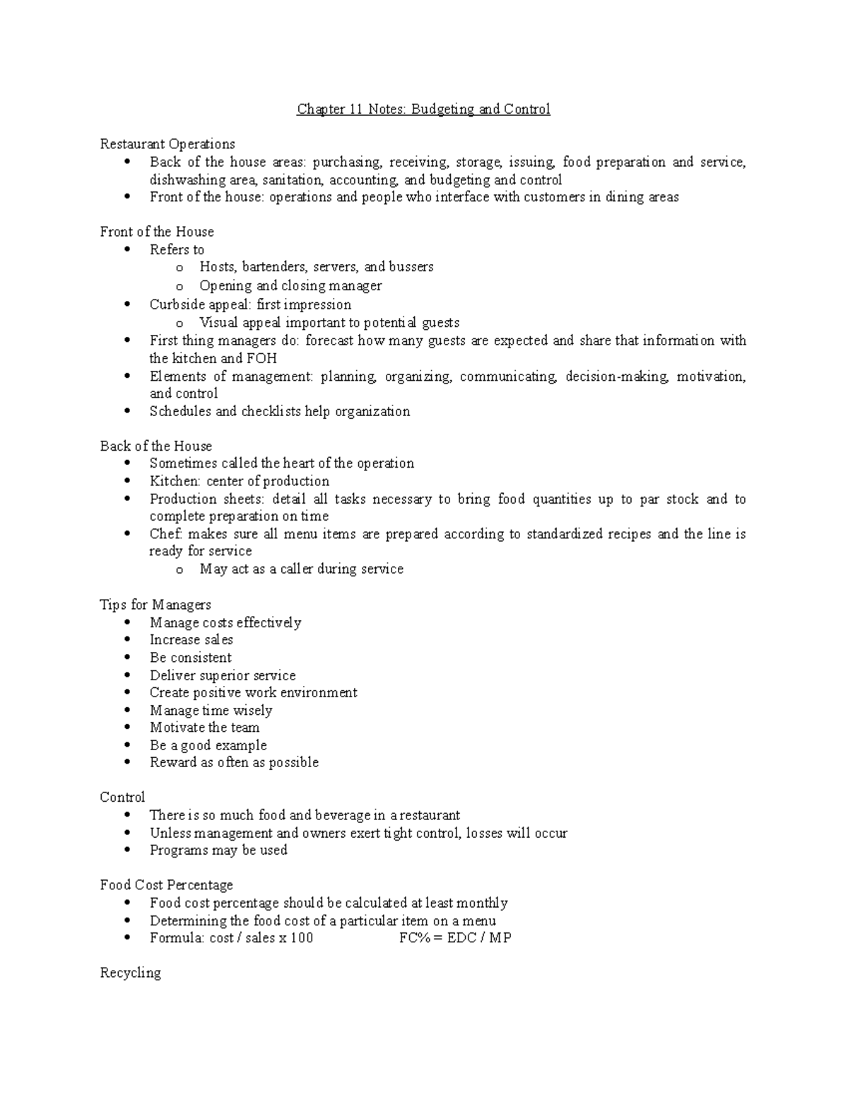 Chapter 11 Notes Chapter 11 Notes Budgeting and Control Restaurant