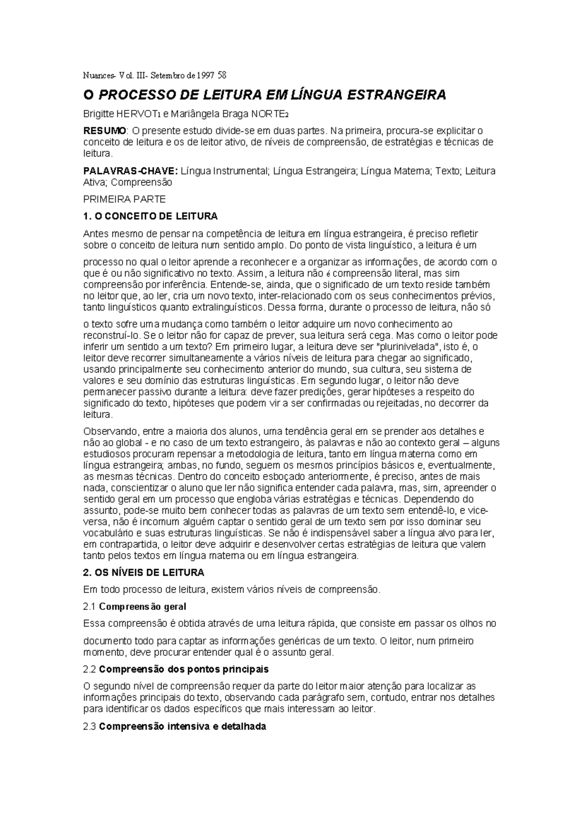 O processo de leitura - Portugues - Nuances- Vol. III- Setembro de 1997 ...