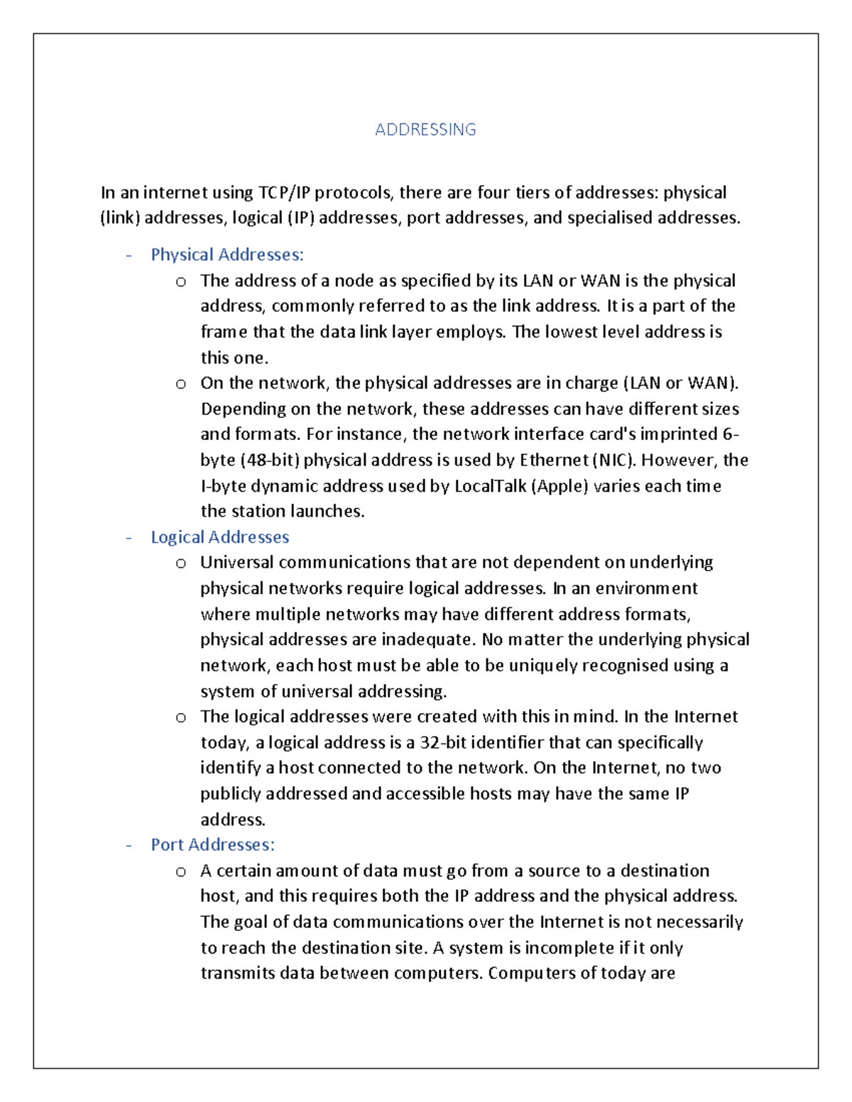 Addressing - Addresses used in tcp ip protocol - ADDRESSING In an ...