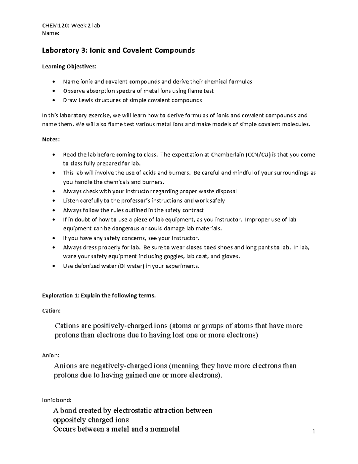 Lab3 Ionic and Covalent Compounds -1 - Name: Laboratory 3: Ionic and ...