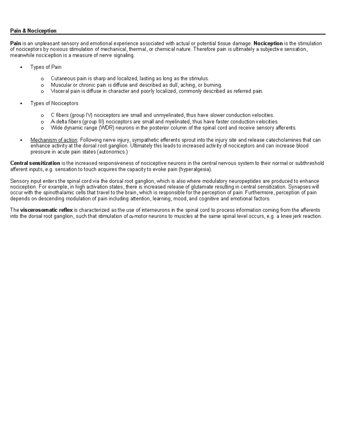 Pain & Nociception - Lecture notes 12-14 - Pain & Nociception Pain is ...