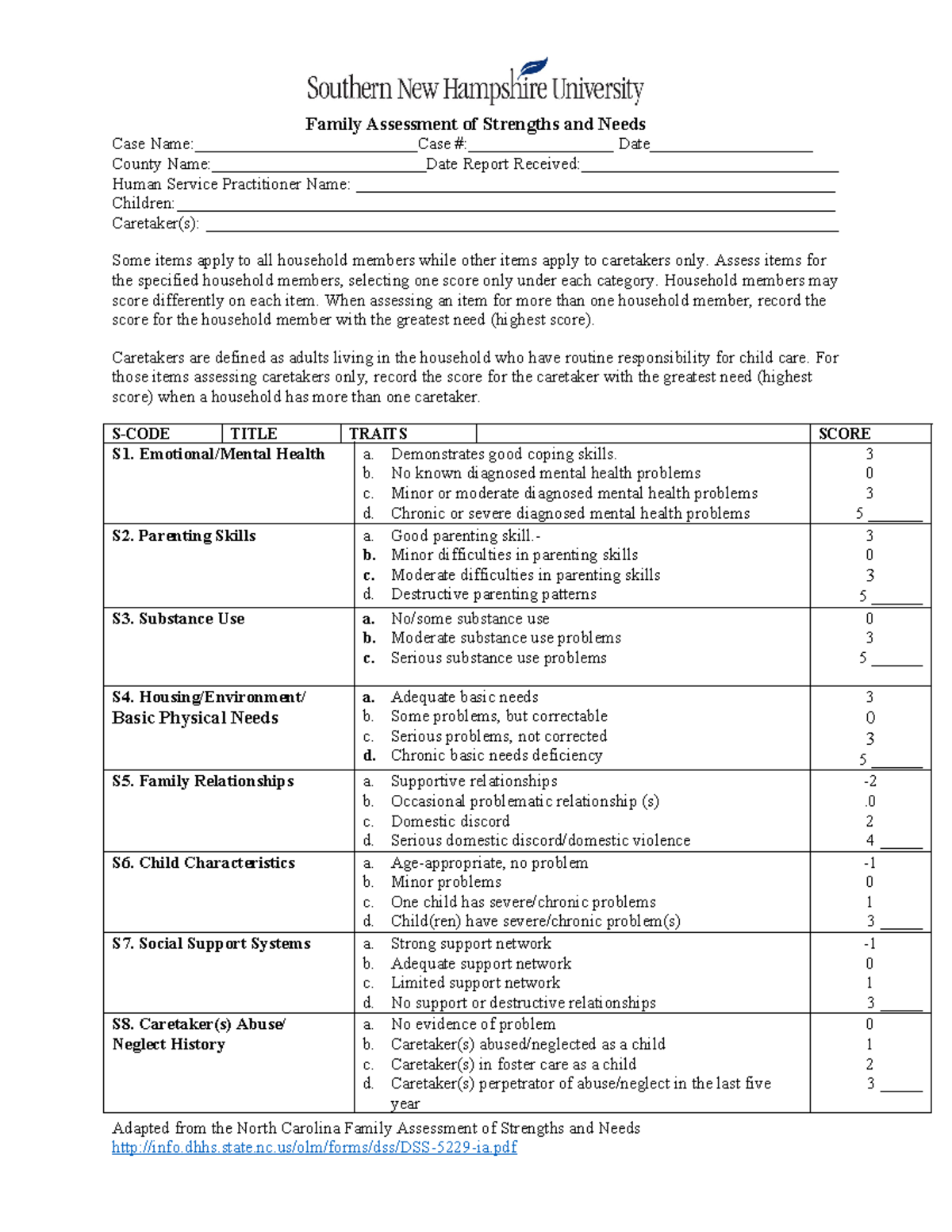 HSE 310 Family Assessment Of Strengths And Needs - Family Assessment Of ...