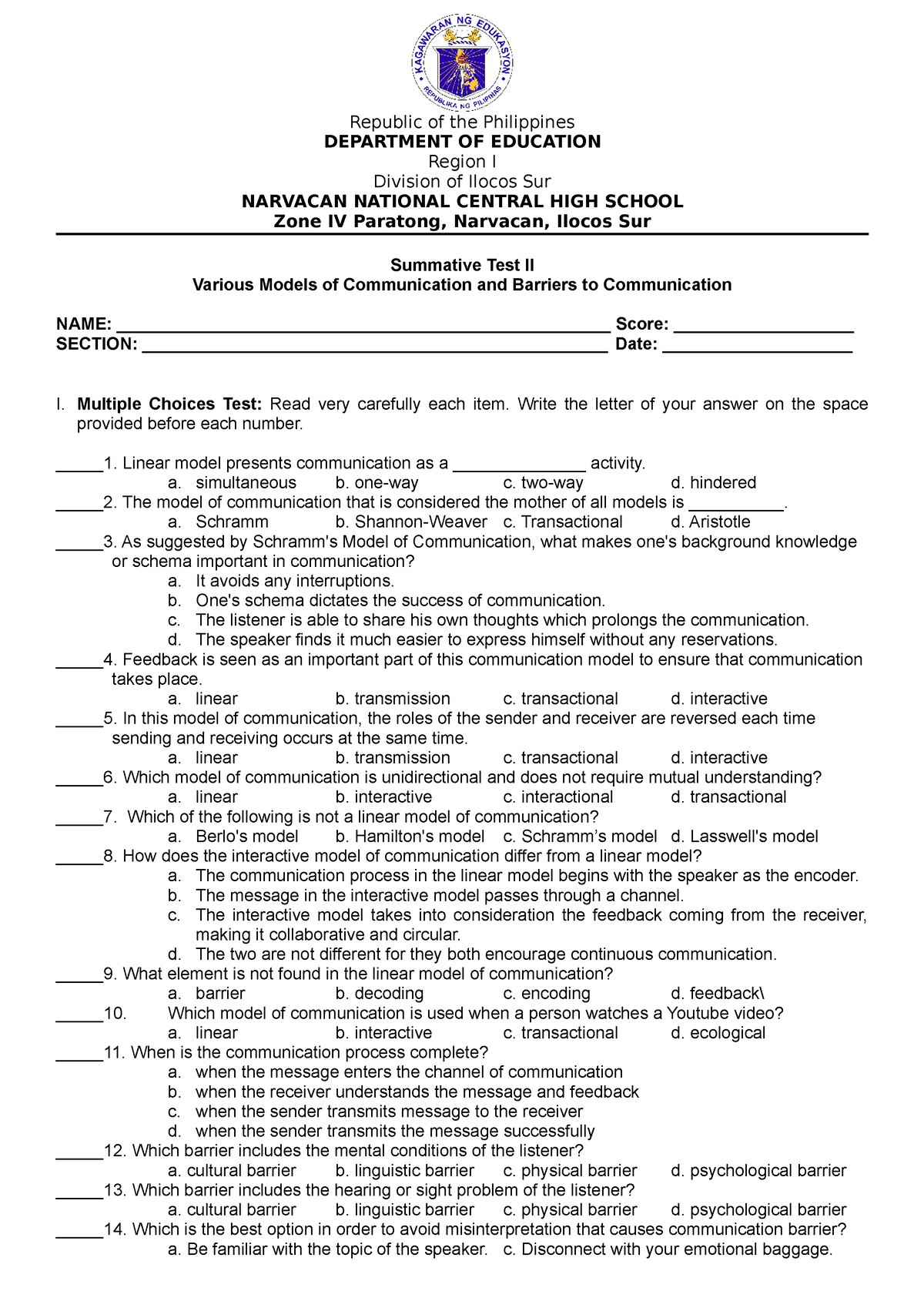 Summative Test 2 Oral Com Q1 Republic Of The Philippines Department Of Education Region I