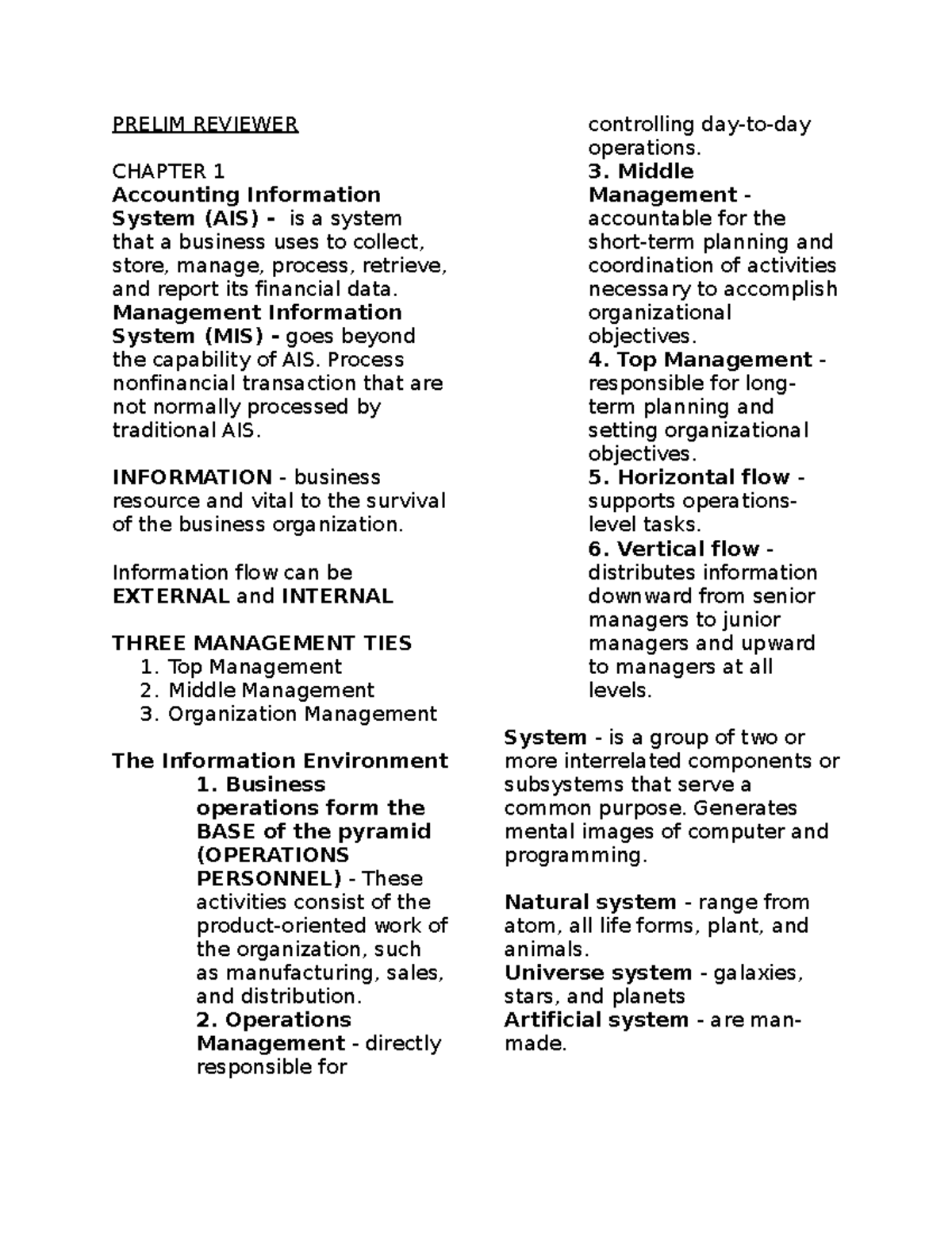 AIS Prelim Reviewer - Summary Accountancy - PRELIM REVIEWER CHAPTER 1 ...